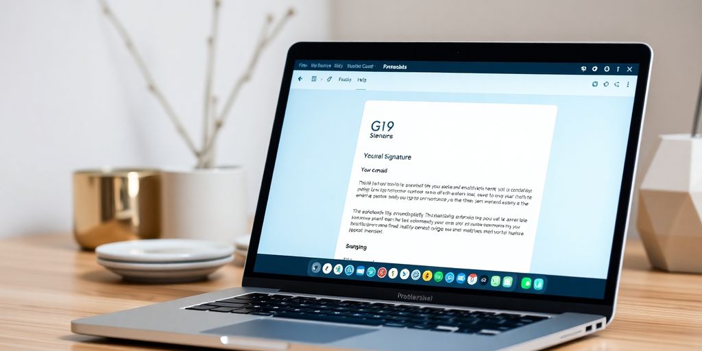 Modern workspace with laptop displaying professional email setup.