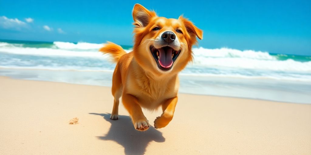 Hund am Strand mit Wellen und blauem Himmel.
