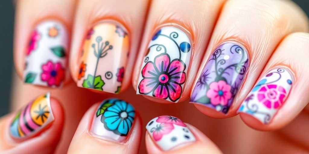 Unhas decoradas com designs artísticos coloridos.