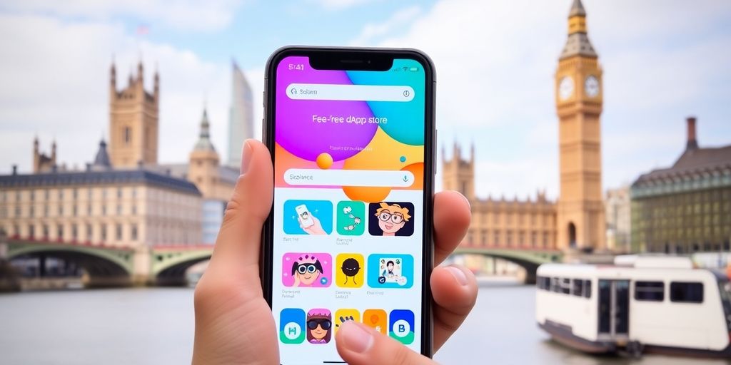 Mobile device showcasing Solana dApp store with UK landmarks.