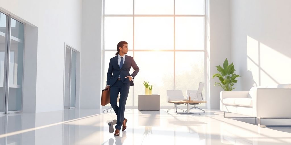 Executive walking through a modern office.