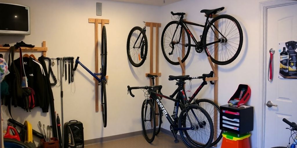 Bikes stored vertically on wall-mounted racks in a garage.