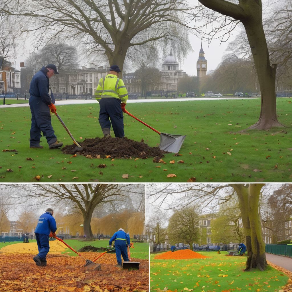 grounds maintenance workers in London park during different seasons
