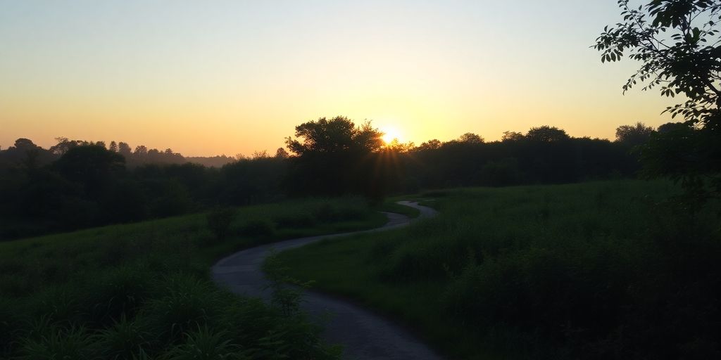 A winding path through a peaceful green landscape at dawn.