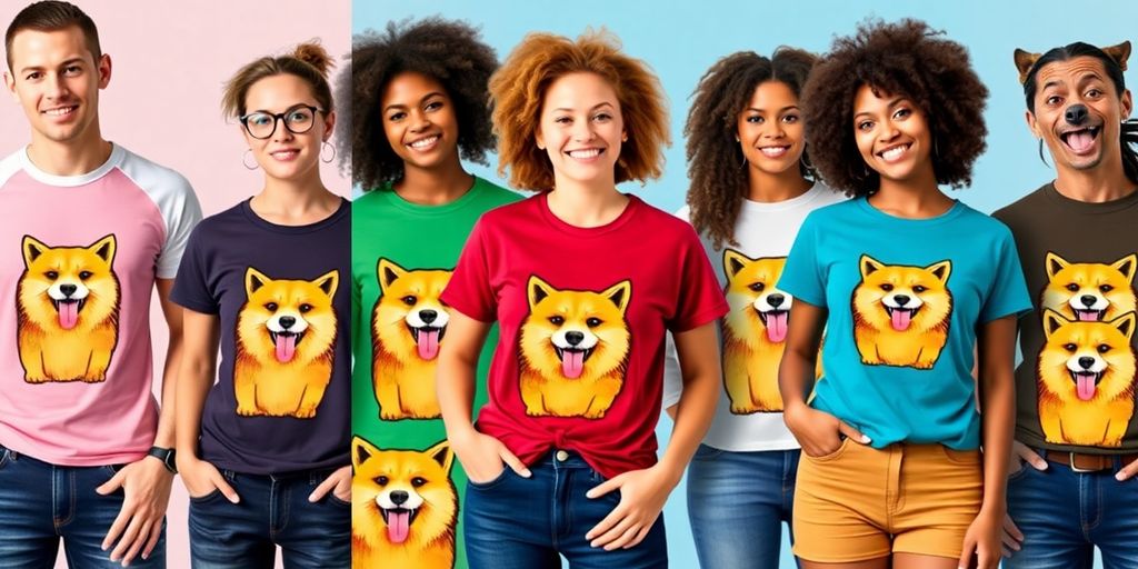 Diverse models wearing colorful Doge T-shirts in a casual setting.