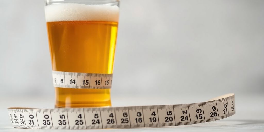 Measuring tape and beer glass illustrating alcohol's impact on fat.