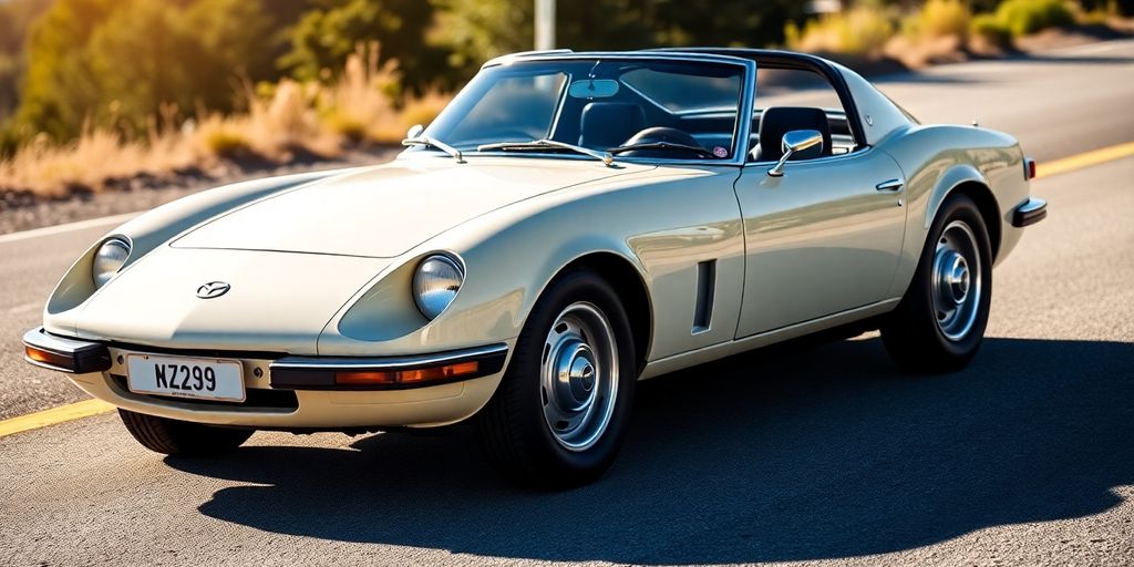 Classic Mazda car on a scenic road