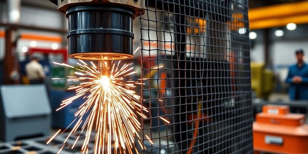 Close-up of a mesh welding machine in action.