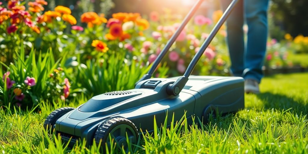 Cordless mower in a vibrant garden with blooming flowers.