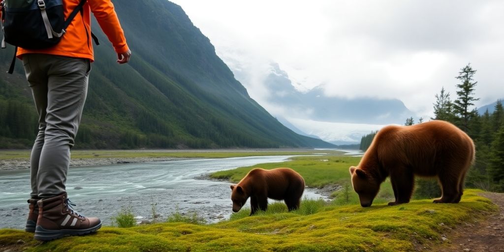 Hiker in rain jacket observing bear near glacier river Alaska