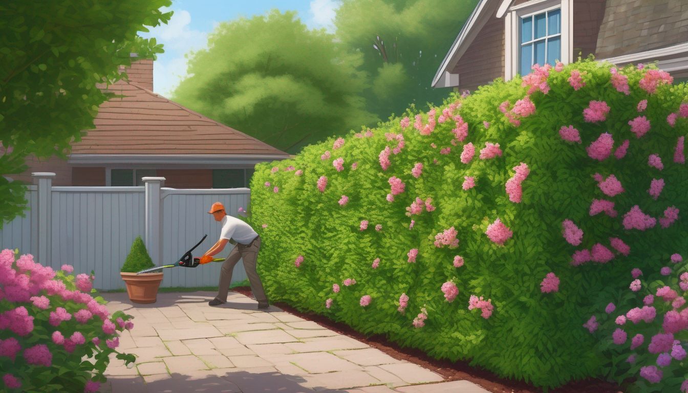 person trimming summer-flowering hedges in a backyard garden