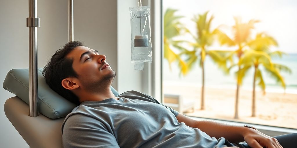Hangover Recovery IV Drip Near Patong Beach 3 Person relaxing, receiving IV drip, beach background.