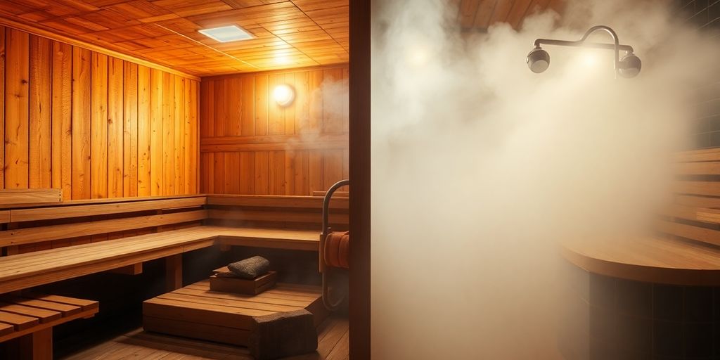 Steaming sauna, contrasting hot steam.