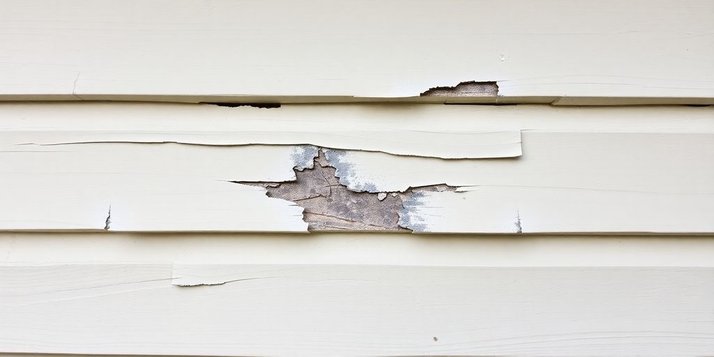 Damaged house siding with cracked and peeling sections.