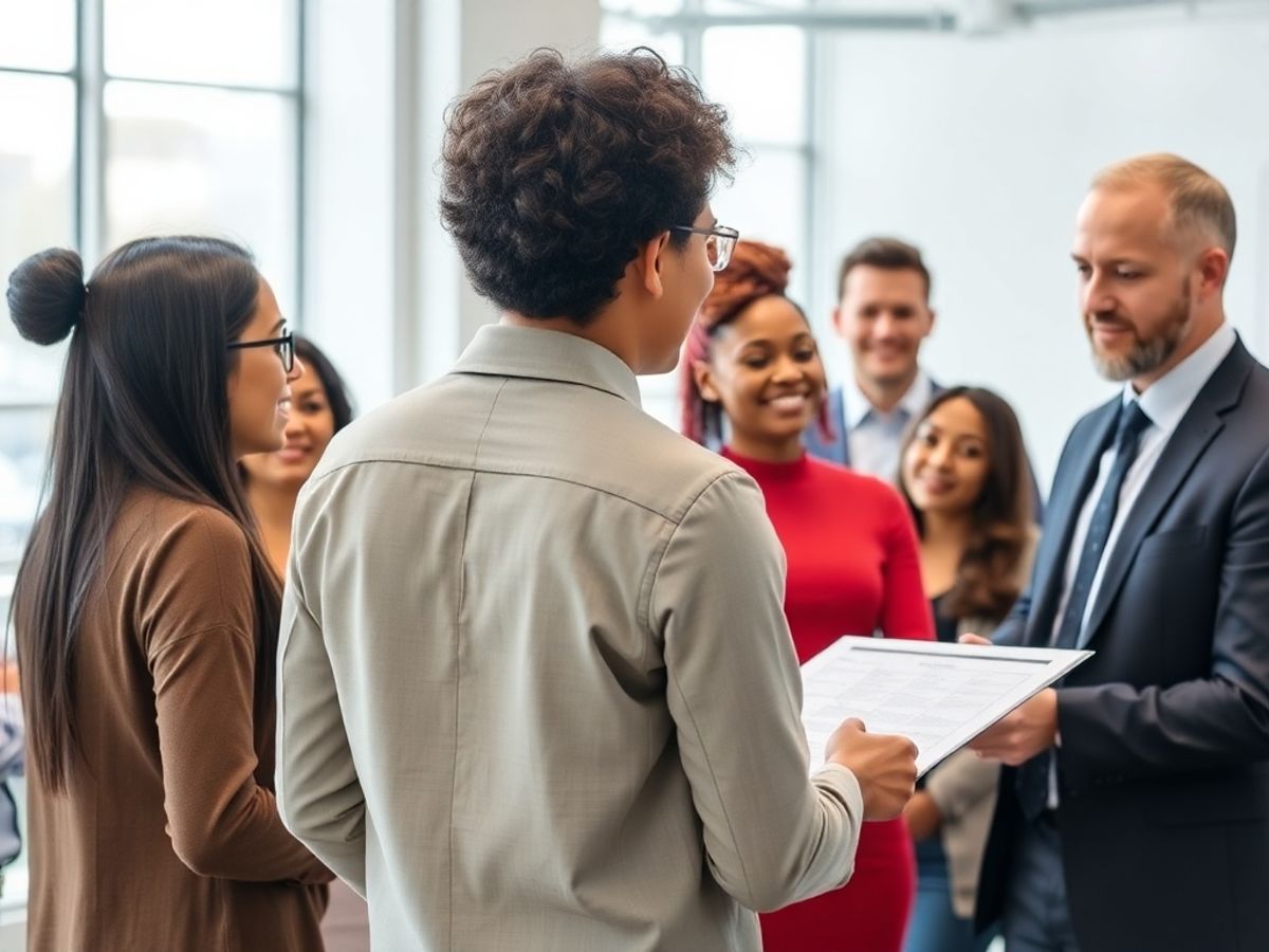 Discuție între angajatori și angajați într-un birou modern.