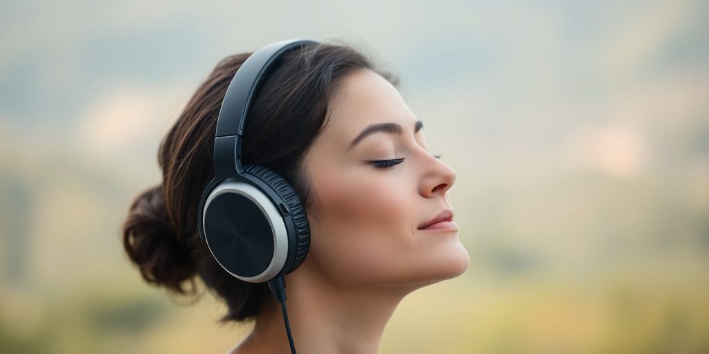 Calm person listening to music with headphones.