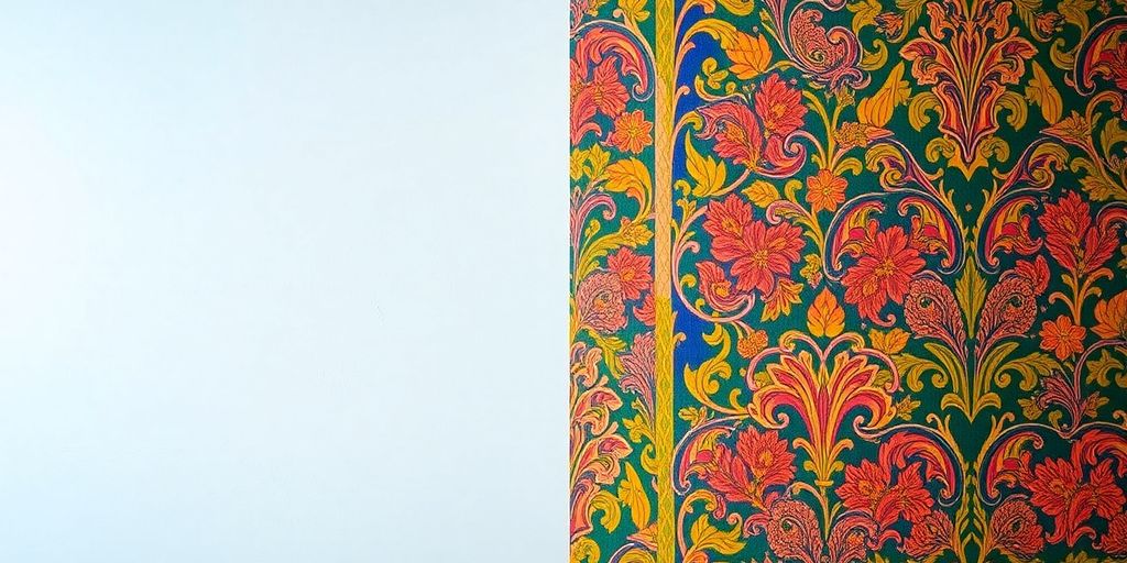 Painted wall next to patterned wallpaper in interior design.