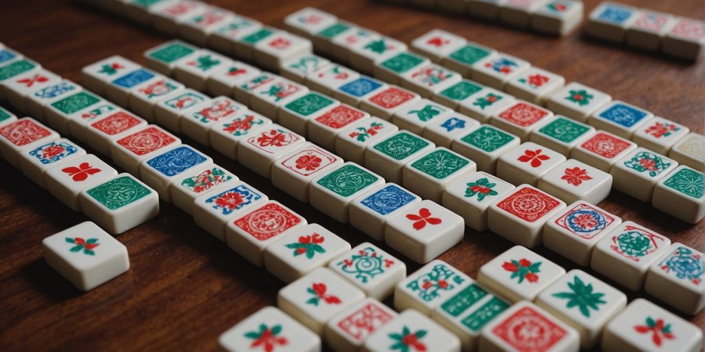 Mahjong tiles set on a wooden table for gameplay.