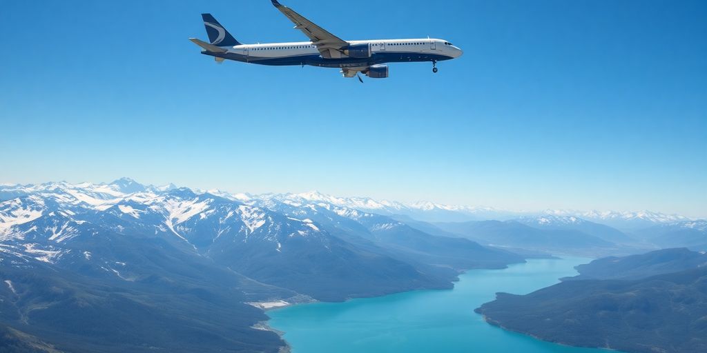 An airplane flies over snow-capped mountains and a lake in Alaska.