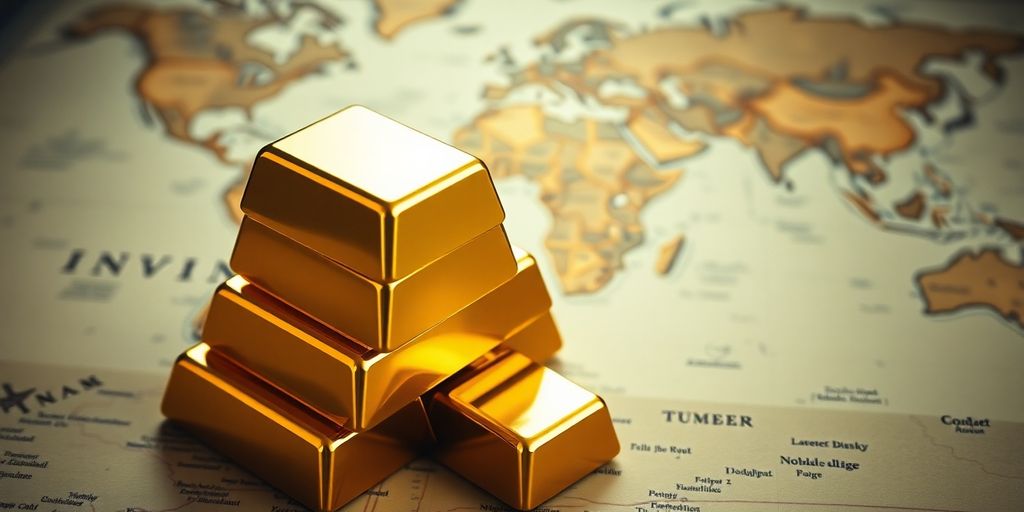 Lingots d'or empilés sur une carte du monde.