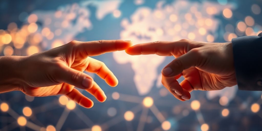 Two people shaking hands virtually.
