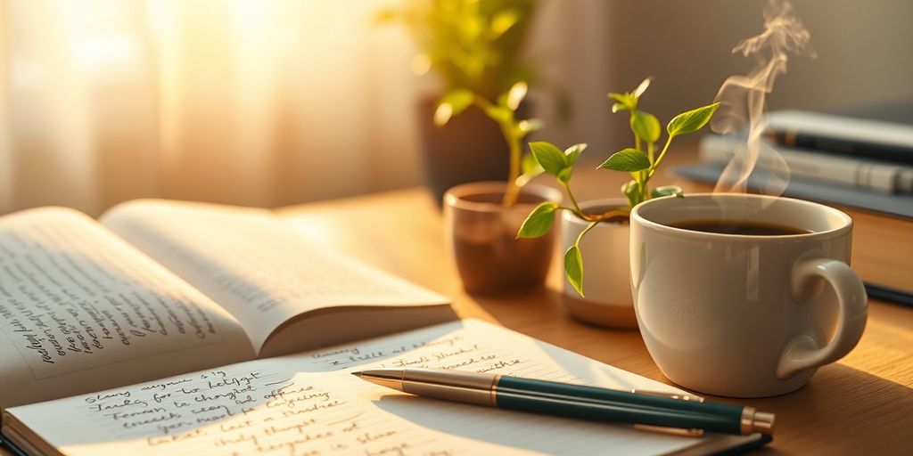 Sunrise, open journal, pen, coffee cup, growing plant.