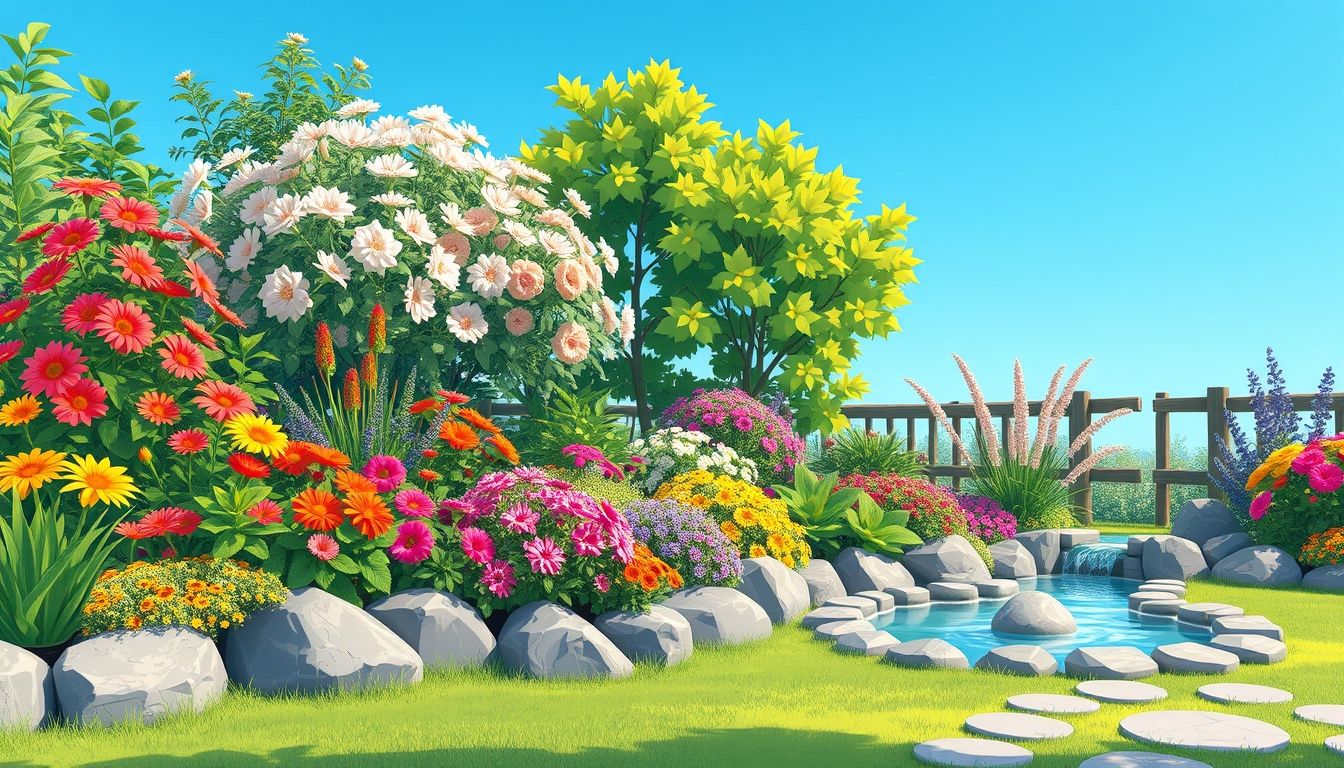 Beautiful garden with lush planting beds and flowers