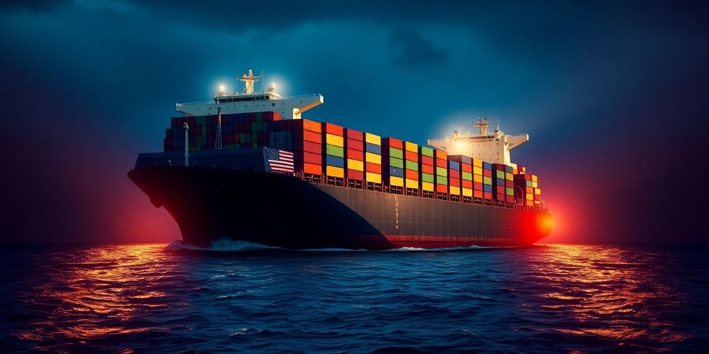 Navire cargo en mer, drapeau américain à l'horizon.