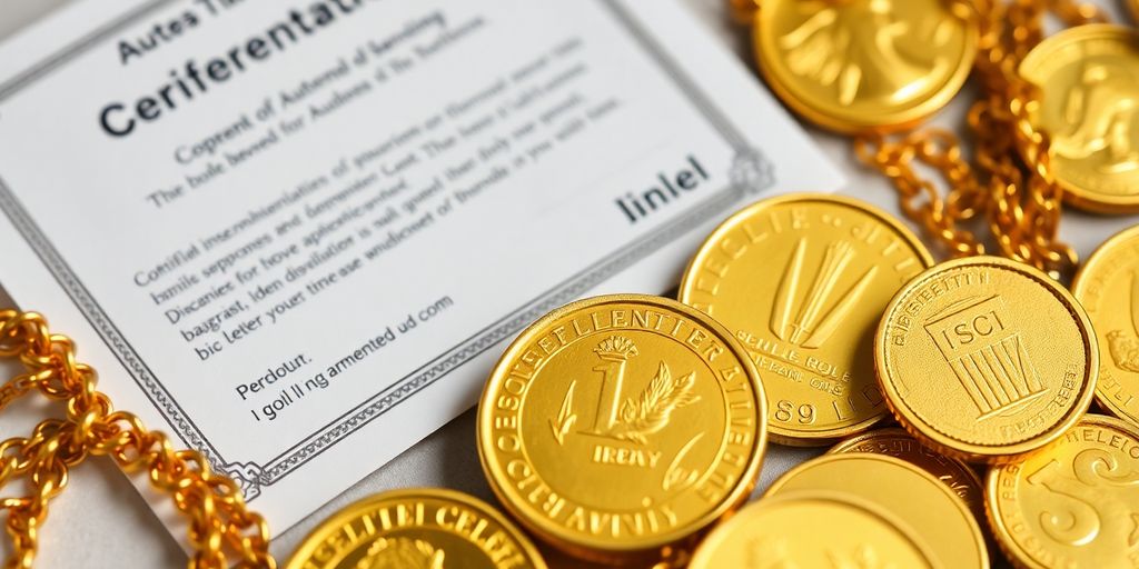 Pièces d'or avec un certificat d'authenticité à côté.