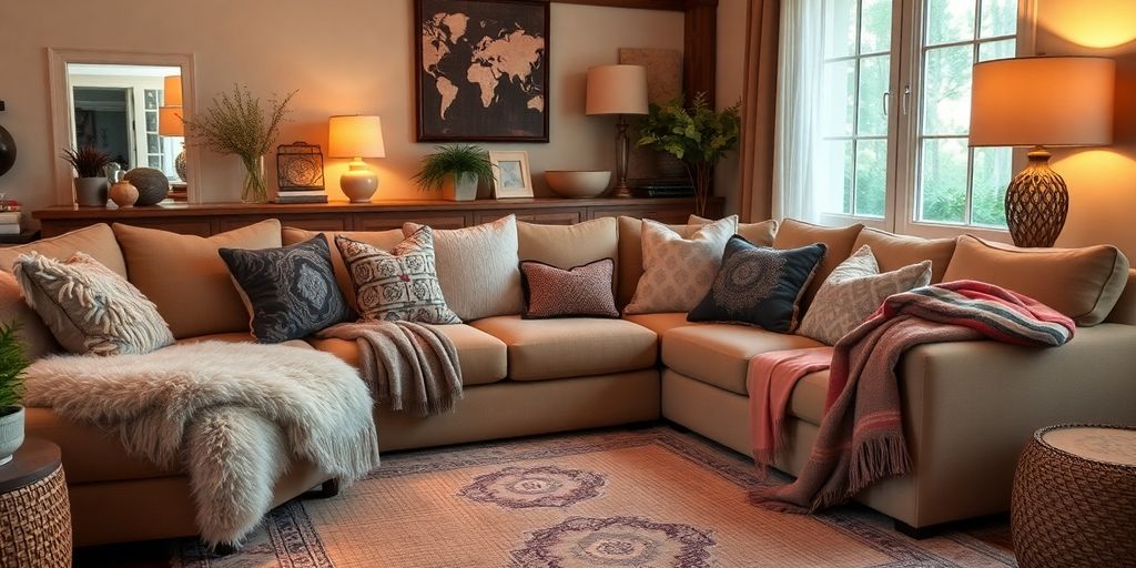 Cozy living room with soft furnishings and warm lighting.