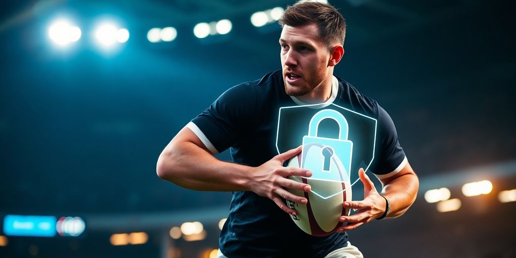 Joueur de rugby et ordinateur avec cadenas