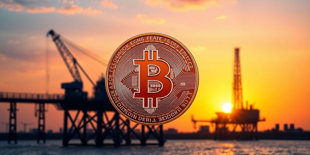 Bitcoin sopra un impianto petrolifero al tramonto.