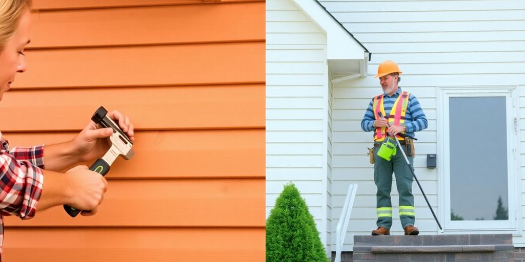 Homeowner repairing siding versus professional contractor working on house.