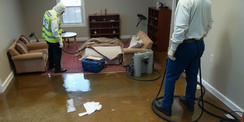 Workers assessing water damage in a flooded space.