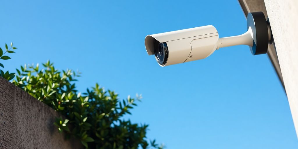 CCTV camera mounted on a wall in a garden.