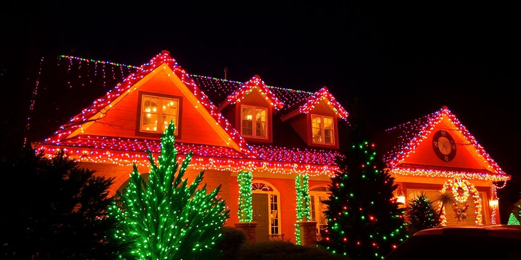 Home exterior adorned with bright, festive Christmas lights.