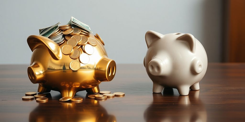 Two contrasting piggy banks, one overflowing, one empty.