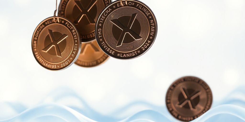 XRP coins floating above abstract wave patterns.