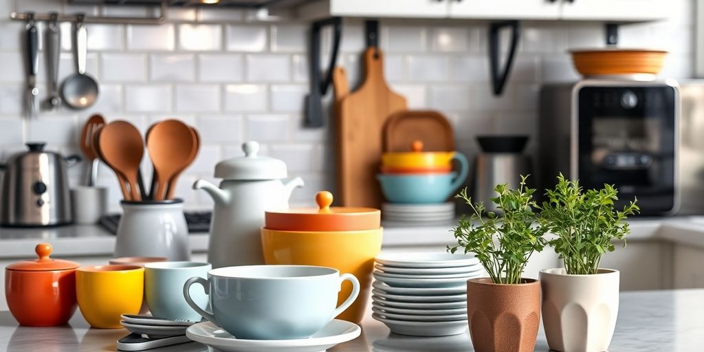 Stylish kitchen essentials arranged on a countertop.