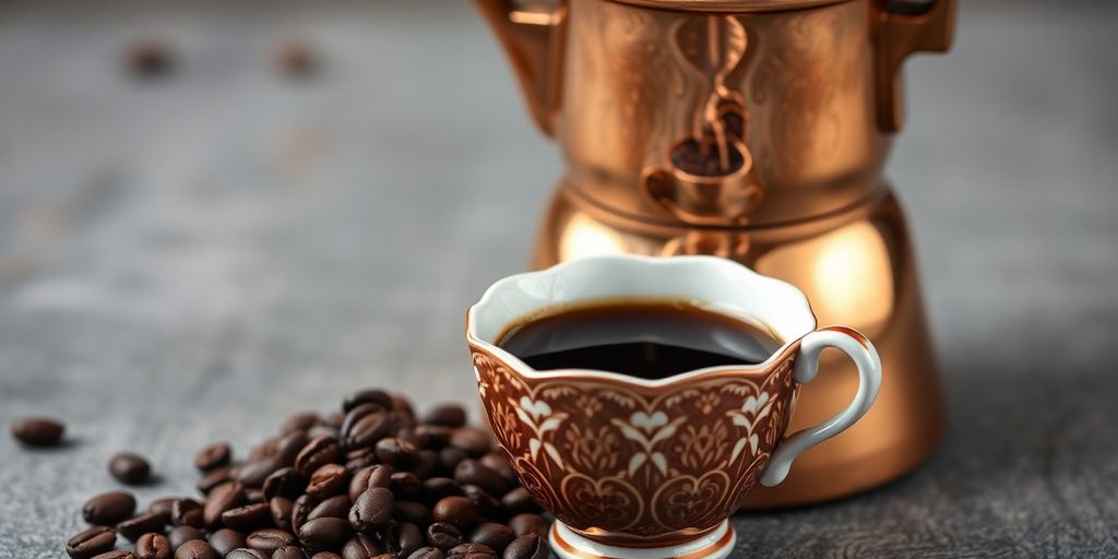 Briki pot, coffee grounds, and prepared Turkish coffee.