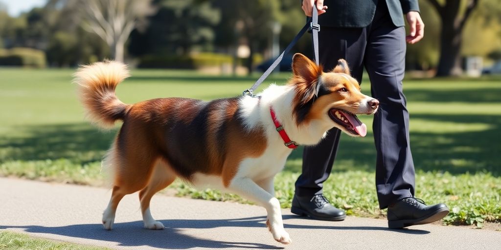 Happy dog on a leash, walking outdoors.