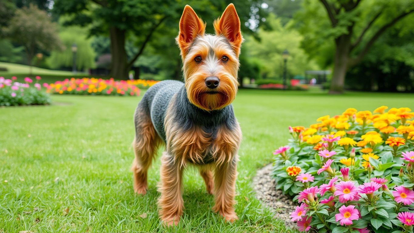 Welsh Terrier in a green park with flowers.