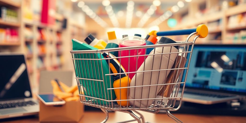 Shopping cart with products and digital devices around it.