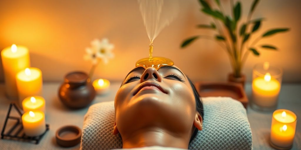 Shirodhara treatment with warm oil flowing onto forehead.