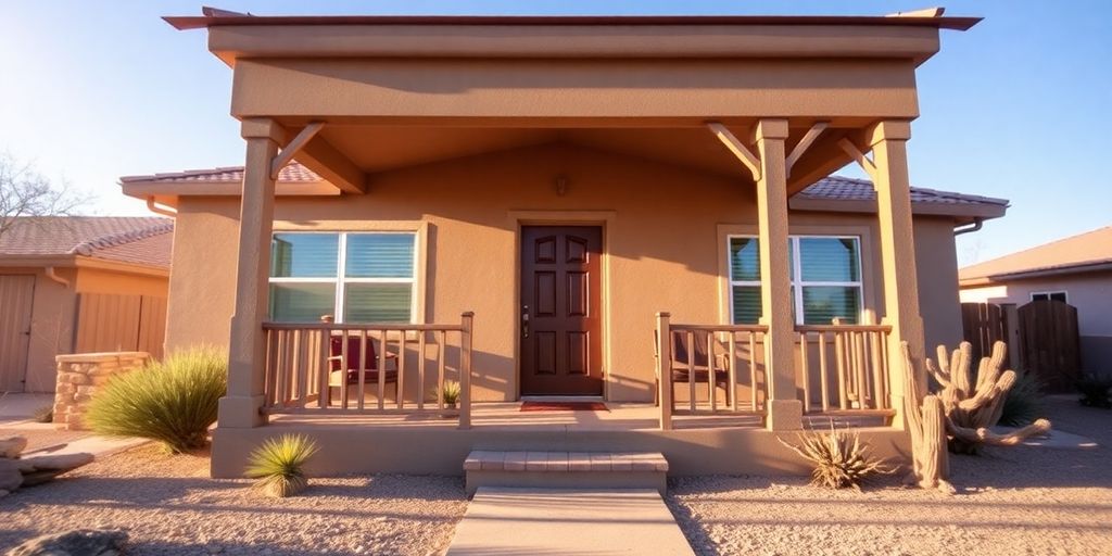 Cozy Arizona home with desert landscape and bright sky.