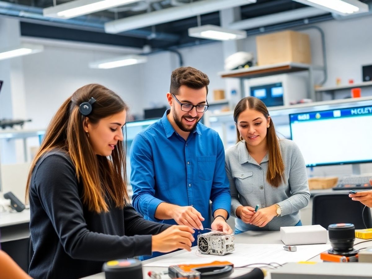 Diverse engineering students collaborating in a modern lab.