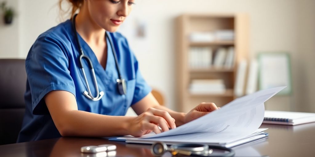 Nurse in scrubs reviews resume.