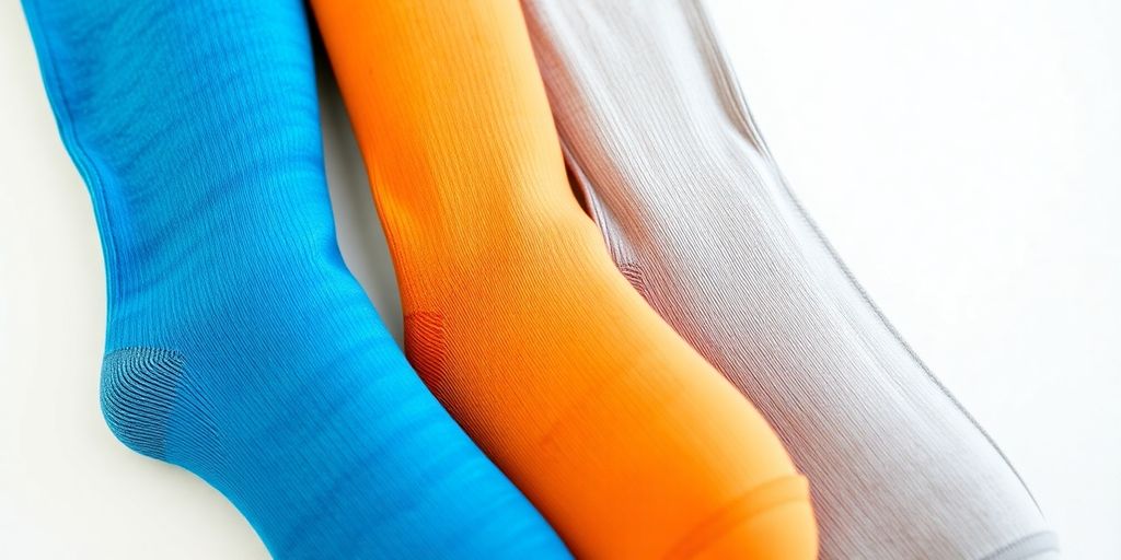 Colorful non-binding compression socks on a light surface.