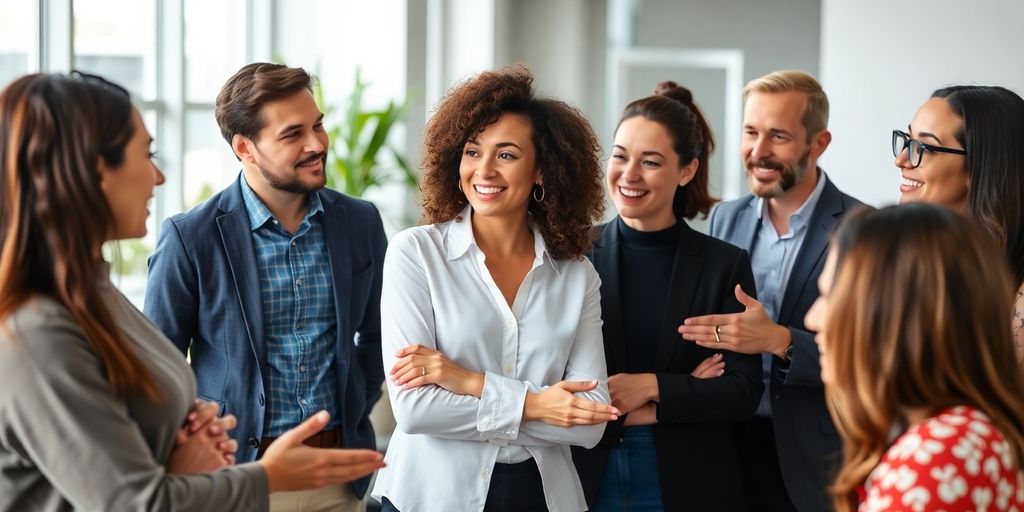 Professionals collaborating in a modern office setting.