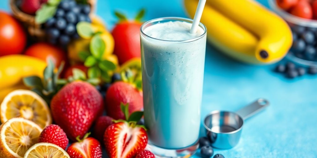 Imagem de um shake de proteína com frutas frescas.